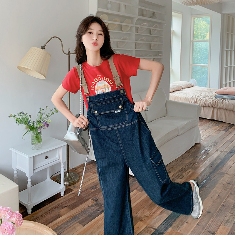 韩版复古水洗高腰牛仔背带裤女2025春秋季新款显瘦阔腿直筒连体裤,女装牛仔裤,唛多
