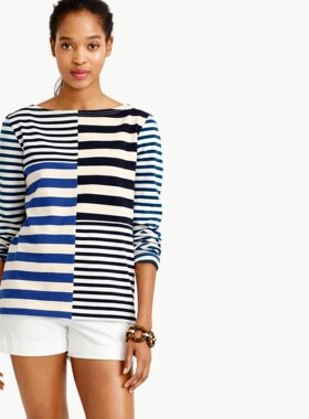 现*货 美国J.CREW/JCREW女士纯棉厚实撞色不对称条纹T恤