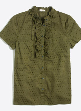 现货  美国J.CREW/JCREW女士 纯棉木耳边 立领 短袖衬衫