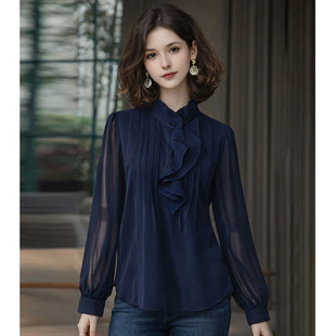 设计感小众荷叶领长袖纯色衬衫女2026年早春新款洋气百搭显瘦上衣