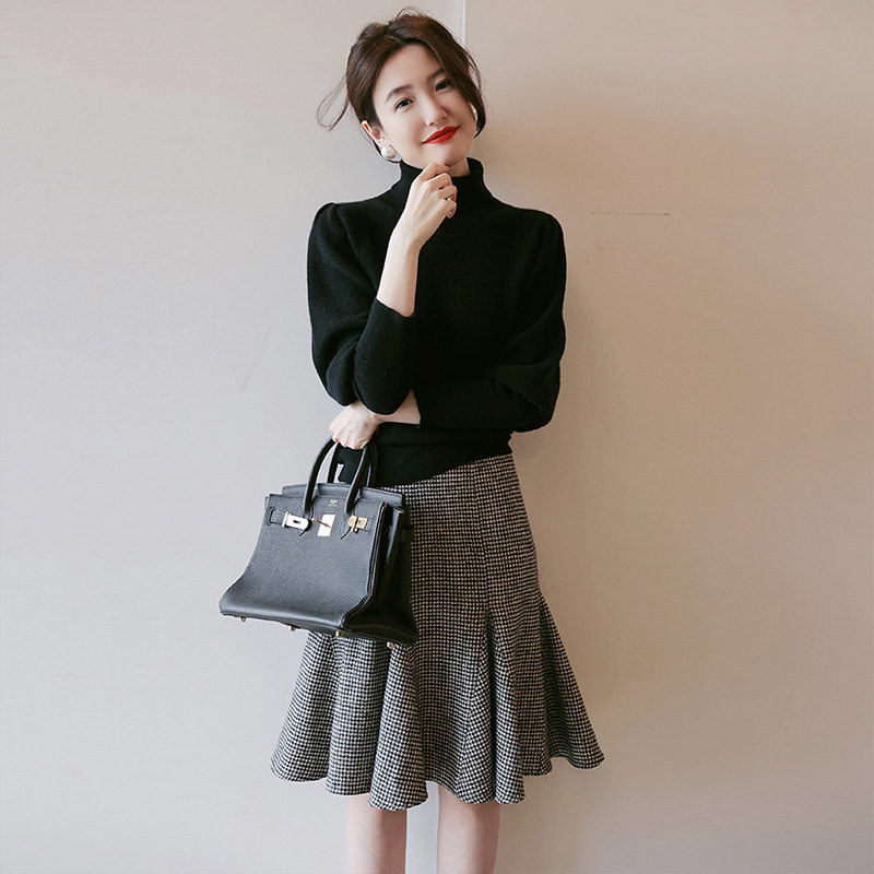 千鸟格半身裙女秋冬季新款高腰显瘦a字裙知性优雅气质格子伞裙子