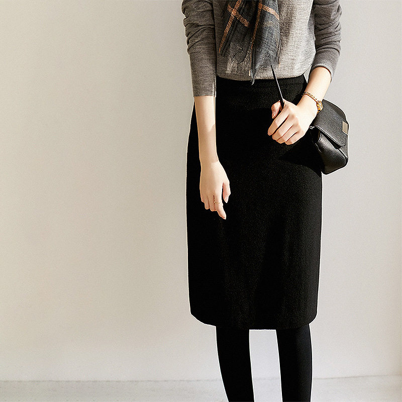毛呢格子半身裙女秋冬高腰显瘦优雅气质中长款黑色直筒一步包臀裙