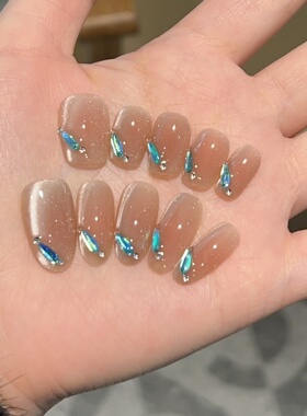 【蓝鸟晨歌】新款玻璃珠猫眼水蓝色闪钻温柔简纯手工穿戴甲J422款