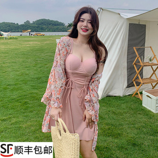 泡温泉泳衣女大码 大 胖mmq分体遮肉带钢托遮肚显瘦三件套平角裙式