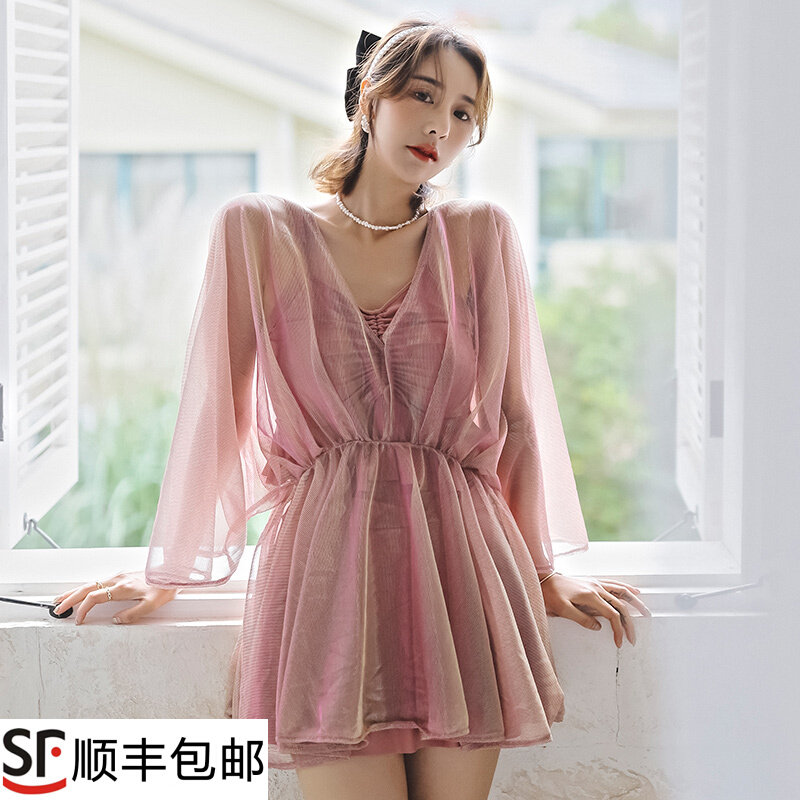 大码泳衣女泡温泉分体三件t套罩衫沙滩遮肚显瘦胖mm200斤遮肉粉色