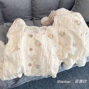 两件套卡通可爱少女家居服 小熊睡衣女款 春秋夏季 云朵棉五分袖 长裤