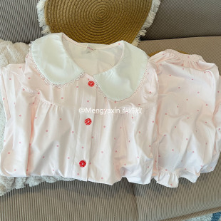 短袖 2026新款 短裤 少女甜美开衫 家居服 套装 娃娃领粉波点睡衣女夏季
