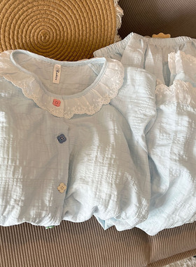 带胸垫蓝色睡衣女春秋冬季云朵棉长袖长裤套装少女甜美开衫家居服