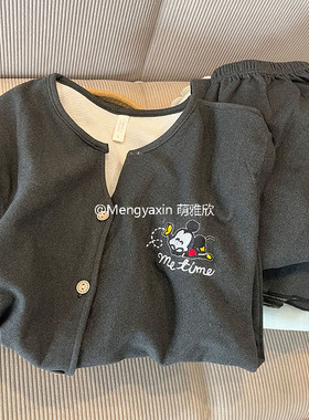 黑色米奇睡衣女款秋冬季羊绒磨毛德绒加厚长袖套装可爱保暖家居服