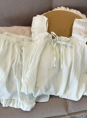 带胸垫绿色睡衣女款夏季吊带短裤两件套少女性感套头纯欲风家居服