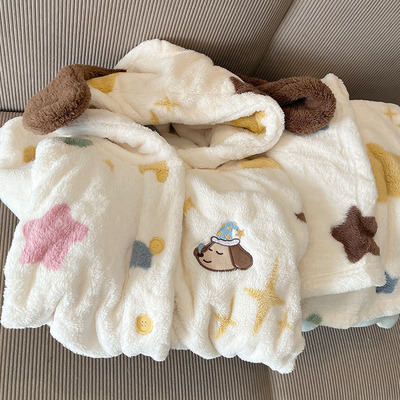星星小狗睡衣女款春秋冬季珊瑚绒加厚连帽套装卡通可爱出门家居服