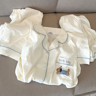 三件套可爱开衫 短裤 长裤 家居服 薄款 夏季 杏小狗睡衣女款 云朵棉短袖