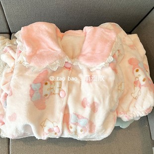 可爱美乐蒂睡衣女款春秋冬季珊瑚绒加厚长袖套装少女可外穿家居服