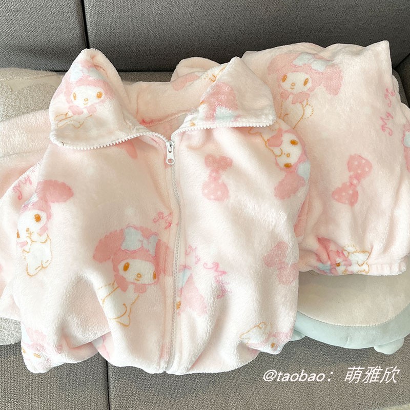 拉链美乐蒂睡衣女款春秋冬季法兰珊瑚绒加厚长袖套装可外穿家居服