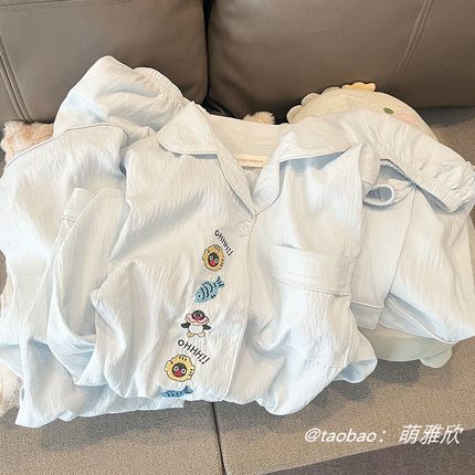 蓝企鹅睡衣女款春秋夏季云朵棉短袖短裤长裤三件套卡通可爱家居服