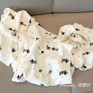 黑点小狗睡衣女夏季云朵棉短袖短裤长裤三件套卡通可爱少女家居服