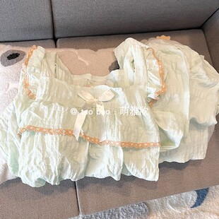 韩版 带胸垫绿色睡衣女春秋夏季 套装 长裤 甜美出门家居服 云朵棉长袖