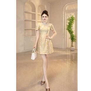 轻奢高级感绝美巨好看 大尺码 夏黄色提花洋装 2026新款 小裙子 女装