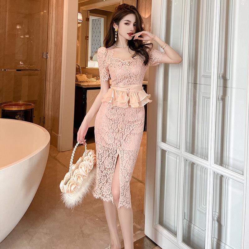 性感蕾丝连衣裙2024新款女夏法式名媛气质大码女装修身显瘦包臀裙