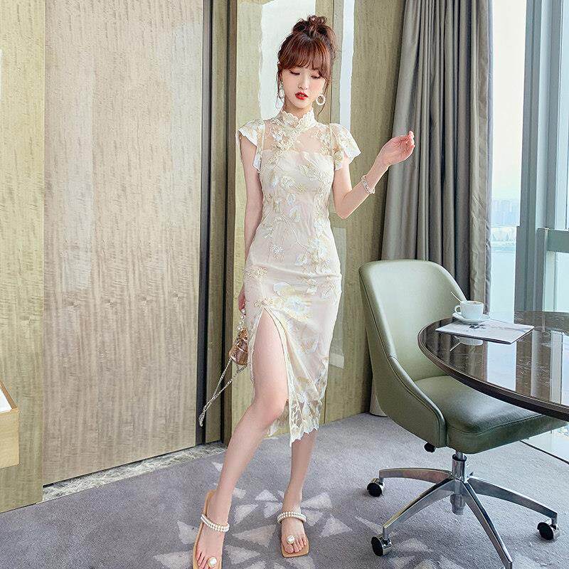 复古金线蕾丝钩花旗袍改良连衣裙夏季年轻中长款高腰开叉显高显瘦