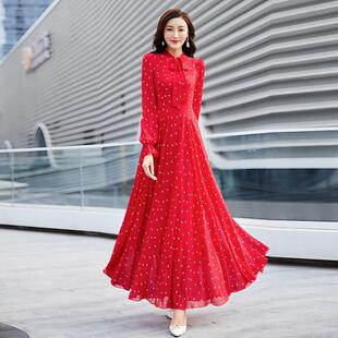 早春2026新款雪纺长袖印花波西米亚连衣裙超仙沙滩旅游长款大摆裙