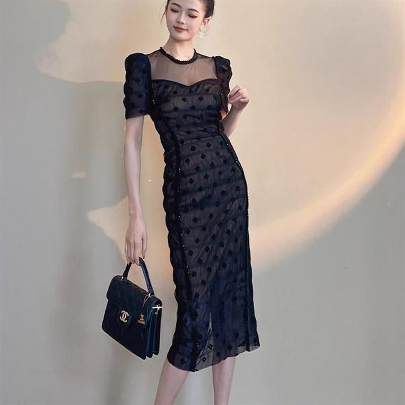 名媛风网纱连衣裙2026夏季新款女装法式气质高级感中长款修身裙子