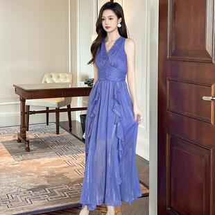 紫色v领连衣裙女夏季背心无袖荷叶边小众设计感海边度假风a字长裙