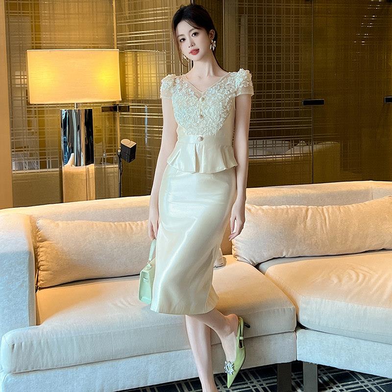 高端精致连衣裙夏季女装轻奢名媛法式v领假两件正式场合气质裙子