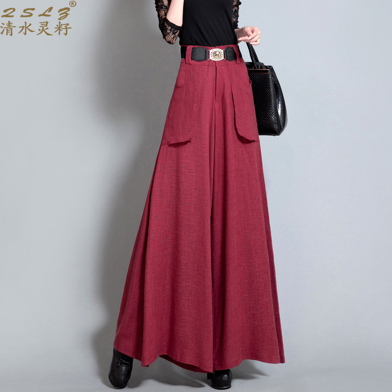 QSLZ/清水灵籽秋装新款亚麻阔腿裤裙裤女 休闲裤松紧腰肥腿长裤子