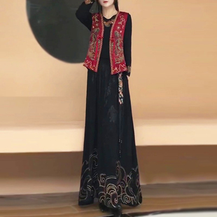 2026春季国风减龄套装新中式高级感气质刺绣盘扣马甲长裙两件套女