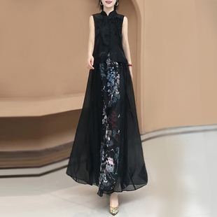 夏季新中式国风刺绣马甲坎肩水晶纱半身裙长裙子马面裙两件套装女