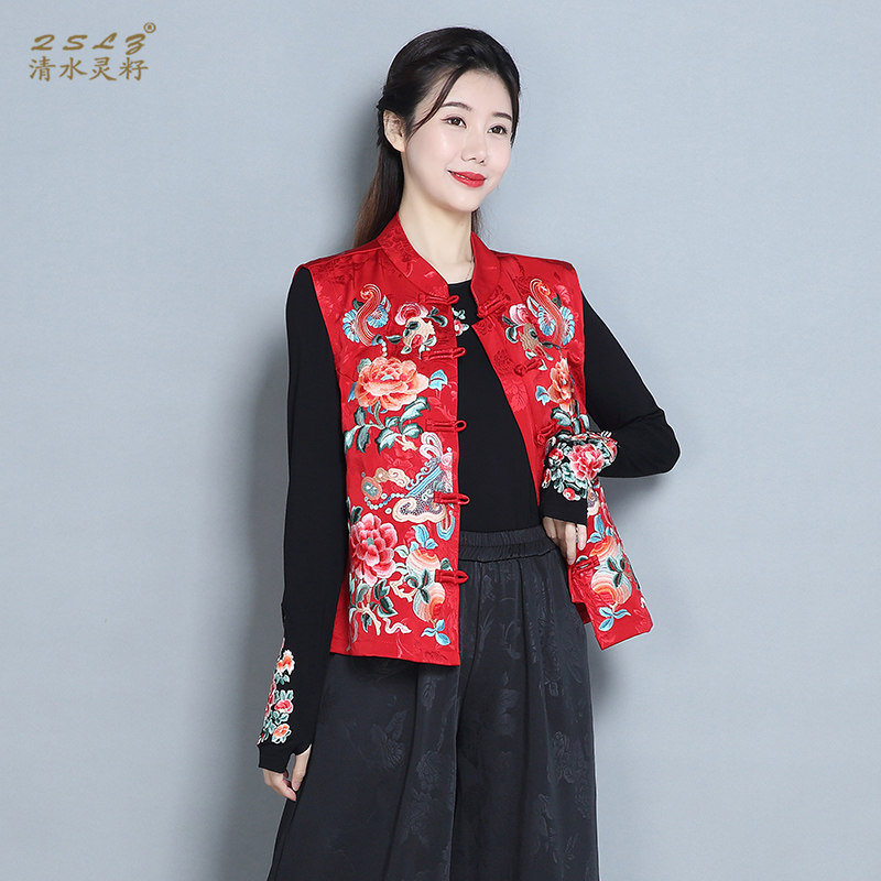 民族风重工刺绣马甲2025秋季提花缎面无袖马夹文艺上衣休闲坎肩女