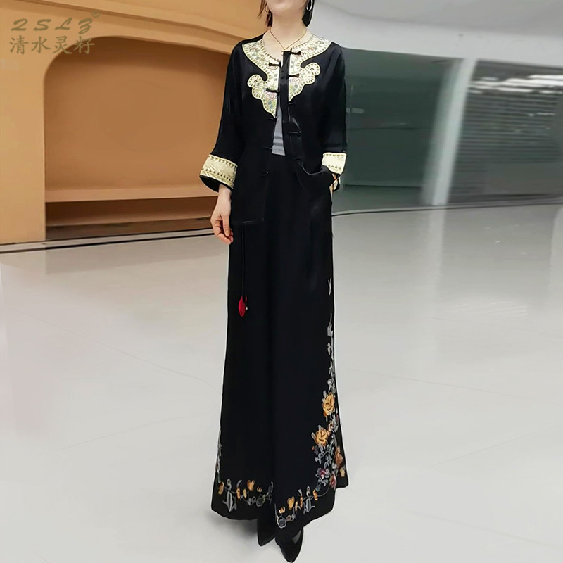 春夏季新中式上衣外套阔腿裤长裤两件套装国风刺绣开衫休闲裤子女