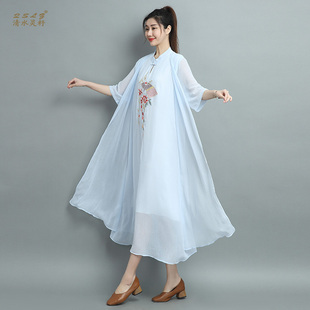 雪纺长裙重工刺绣七分袖 女 披肩假两件连衣裙2026年春夏装