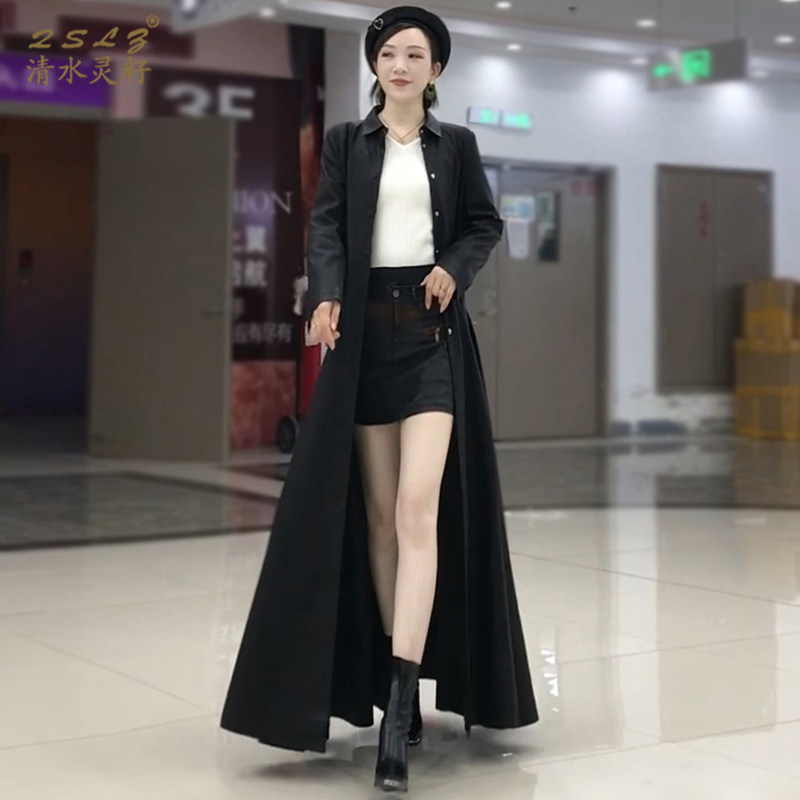 秋季过膝长款皮衣裙摆大衣外套女