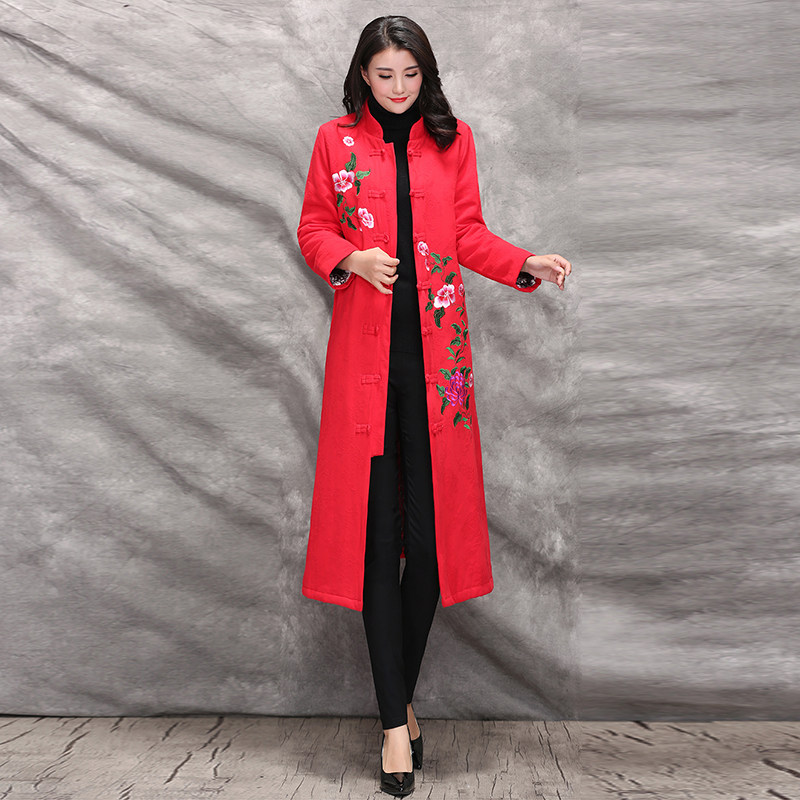 棉长款中式宽松刺绣棉服大码
