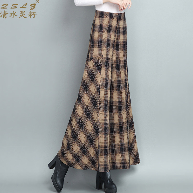 QSLZ/清水灵籽毛呢阔腿裤格子裙裤甩裤女 2021秋冬新款拼接休闲裤