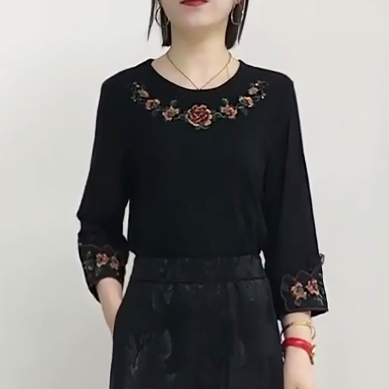 夏季新中式刺绣七分袖T恤女