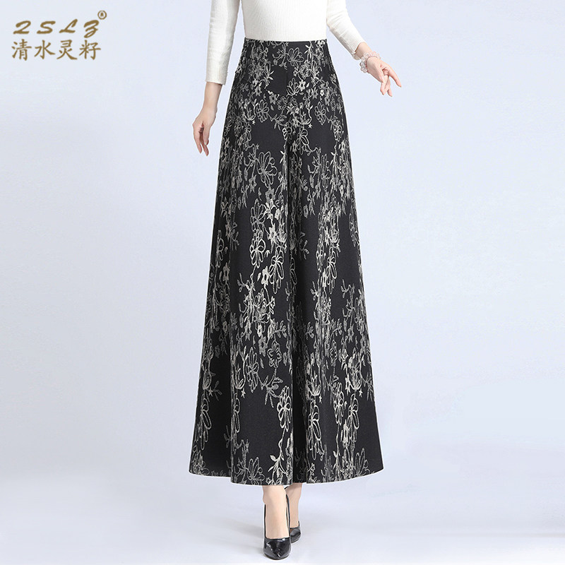 提花毛呢阔腿裤裙裤休闲裤子女