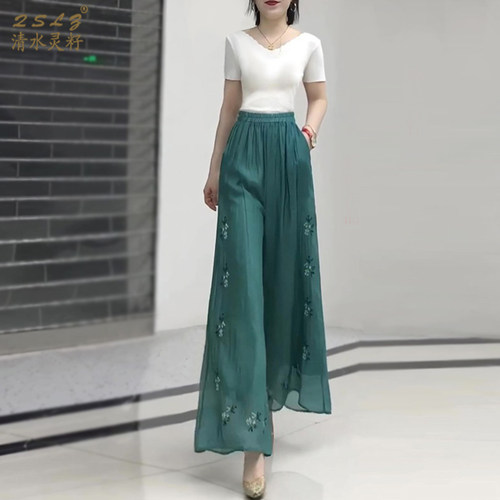 新中式刺绣夏季百搭阔腿裤裙裤女