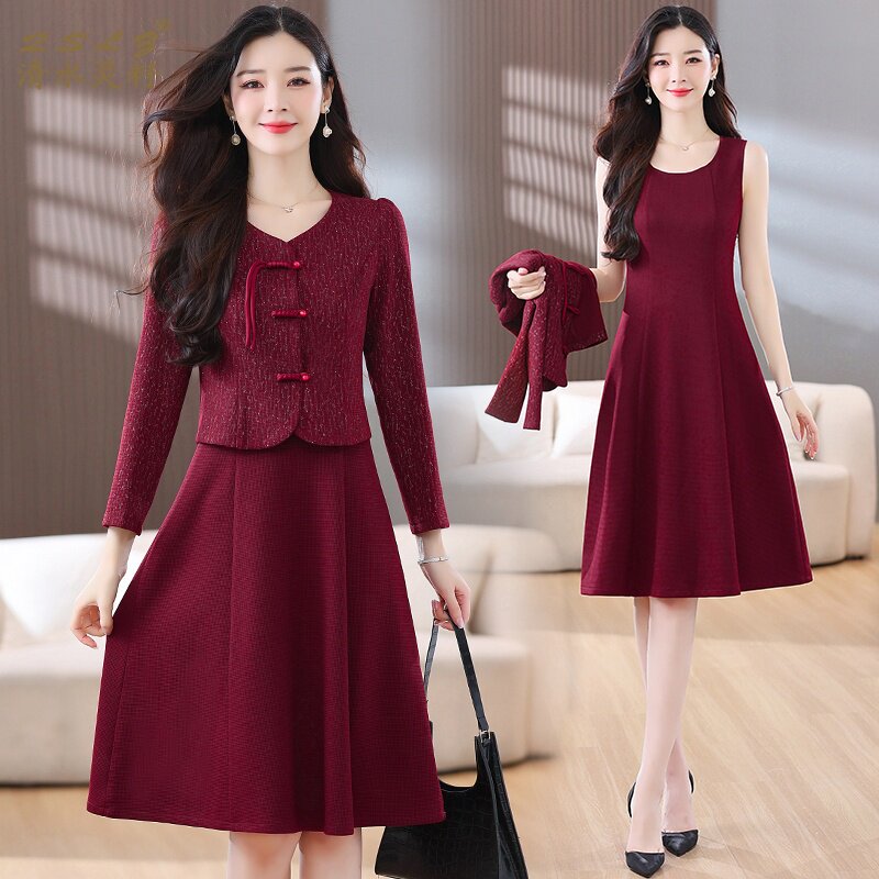 新中式短外套背心连衣裙两件套装