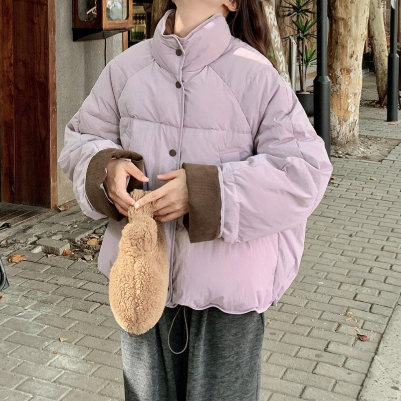 韩版撞色拼接棉服女2025年初春季时尚新款学院风小个子立领外套