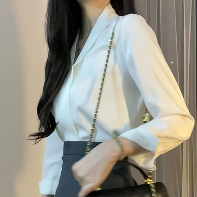 白色v领衬衫女春秋职业正装教师