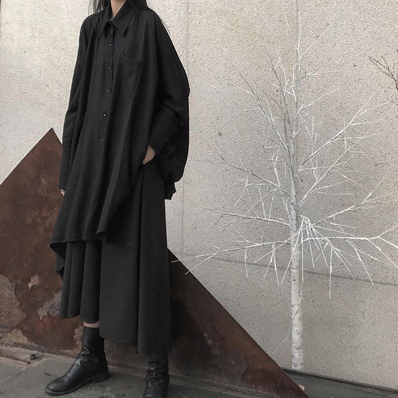 独特小众设计师暗黑系列2025春季长袖中长款衬衫黑色不规则半身裙