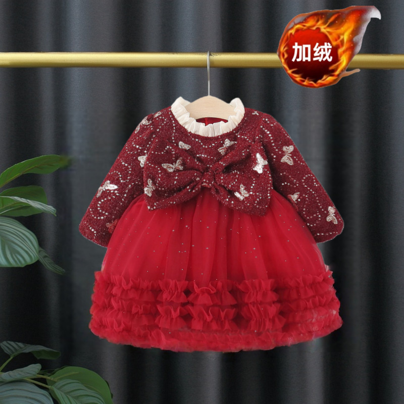 女童加绒连衣裙2025新款秋冬装儿童洋气裙子小童女宝宝网纱公主裙