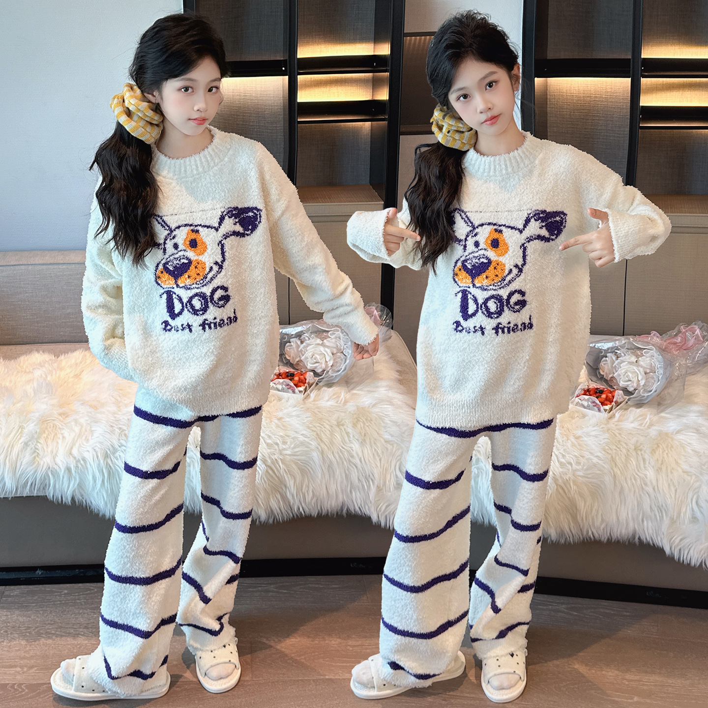 女童秋冬半边绒睡衣套装2025新款儿童女大童加厚保暖家居服两件套