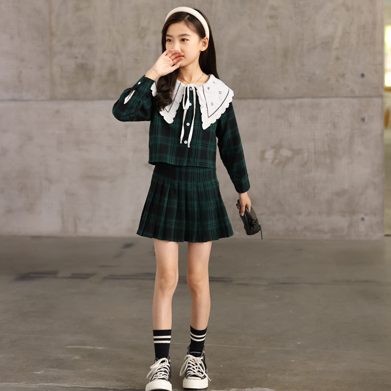 女童套装半身裙2025秋冬新款中大童学院风JK制服格子儿童女孩外套