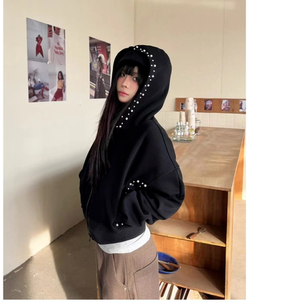 美式复古珍珠设计感连帽短款卫衣女外套春秋辣妹运动服休闲上衣潮