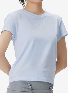 Nike耐克女短袖夏季刺绣圆领透气高腰短款蓝色运动T恤FV5509-407