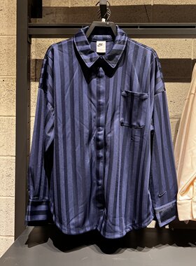 Nike耐克女子25秋新款条纹翻领宽松运动长袖衬衫外套 HV1957-410